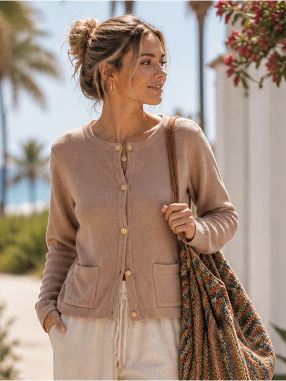 Lillusory  Cardigan Small Blush Taupe Tone Knit Gold Button Pocket Sweater  Chic